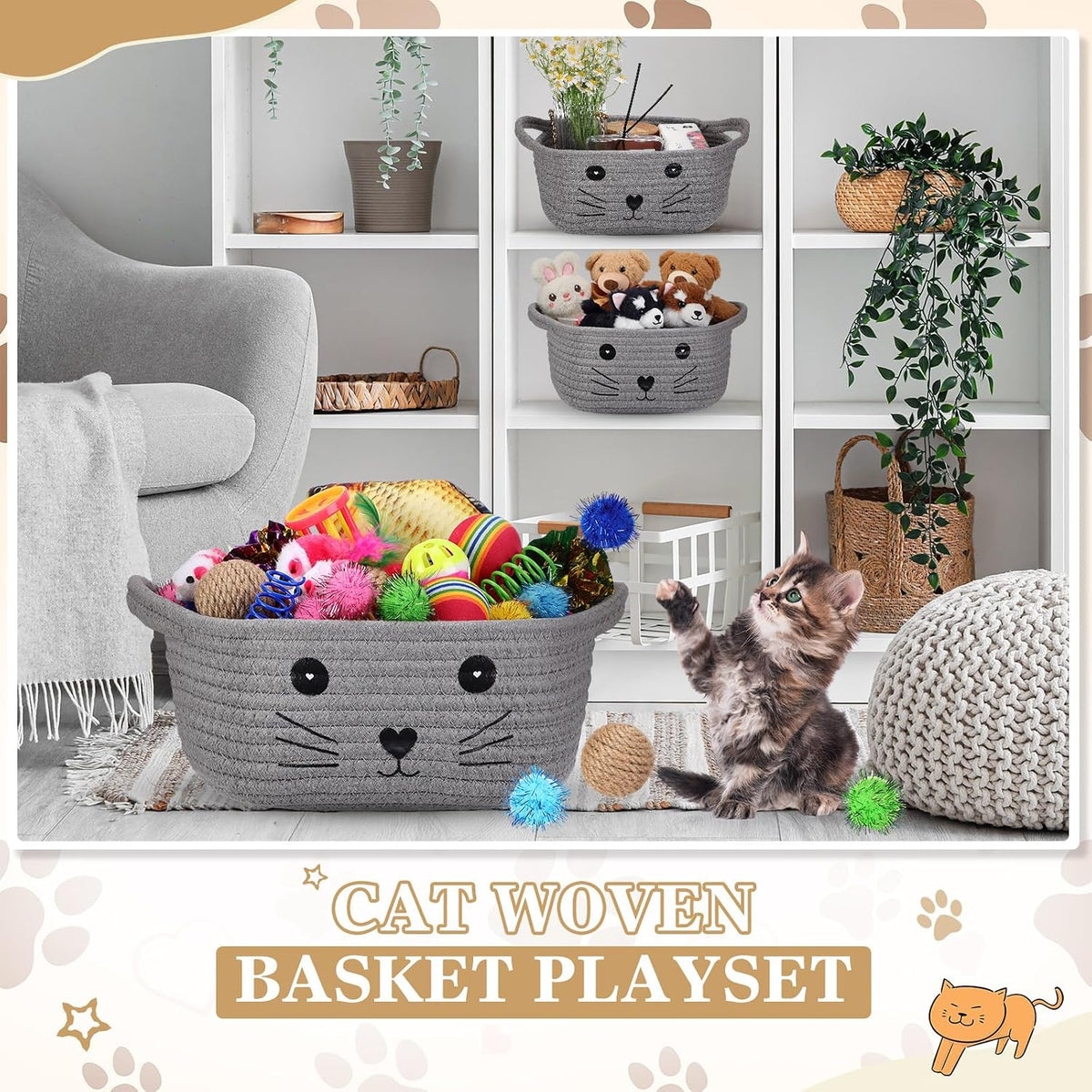 Zopeal 58 Pcs Cat Toy Set with Storage Basket Indoor, Grey, 9.8 Inch