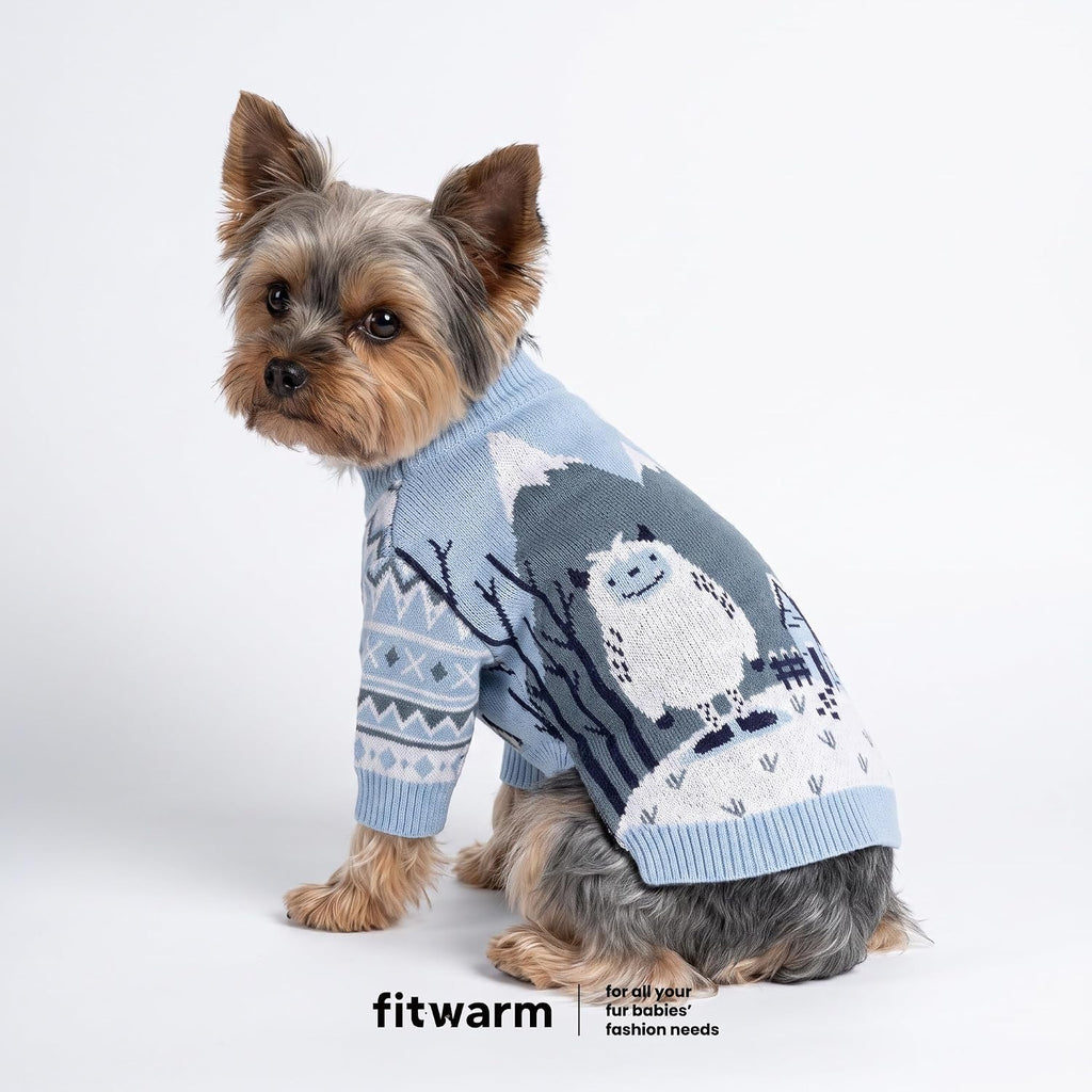 Fitwarm Yeti Dog Jacquard Sweater, Cozy Winter Clothes for Small Dogs Boy Girl, Knitted Pet Apparel, Blue, White, Medium