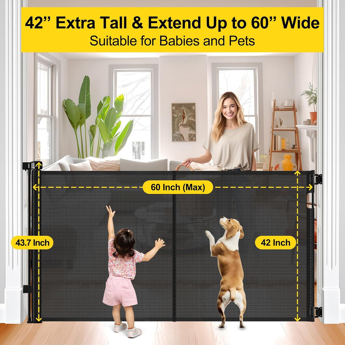 Reinforced 42" Extra Tall Retractable Baby Gates, Extends up to 60" Wide