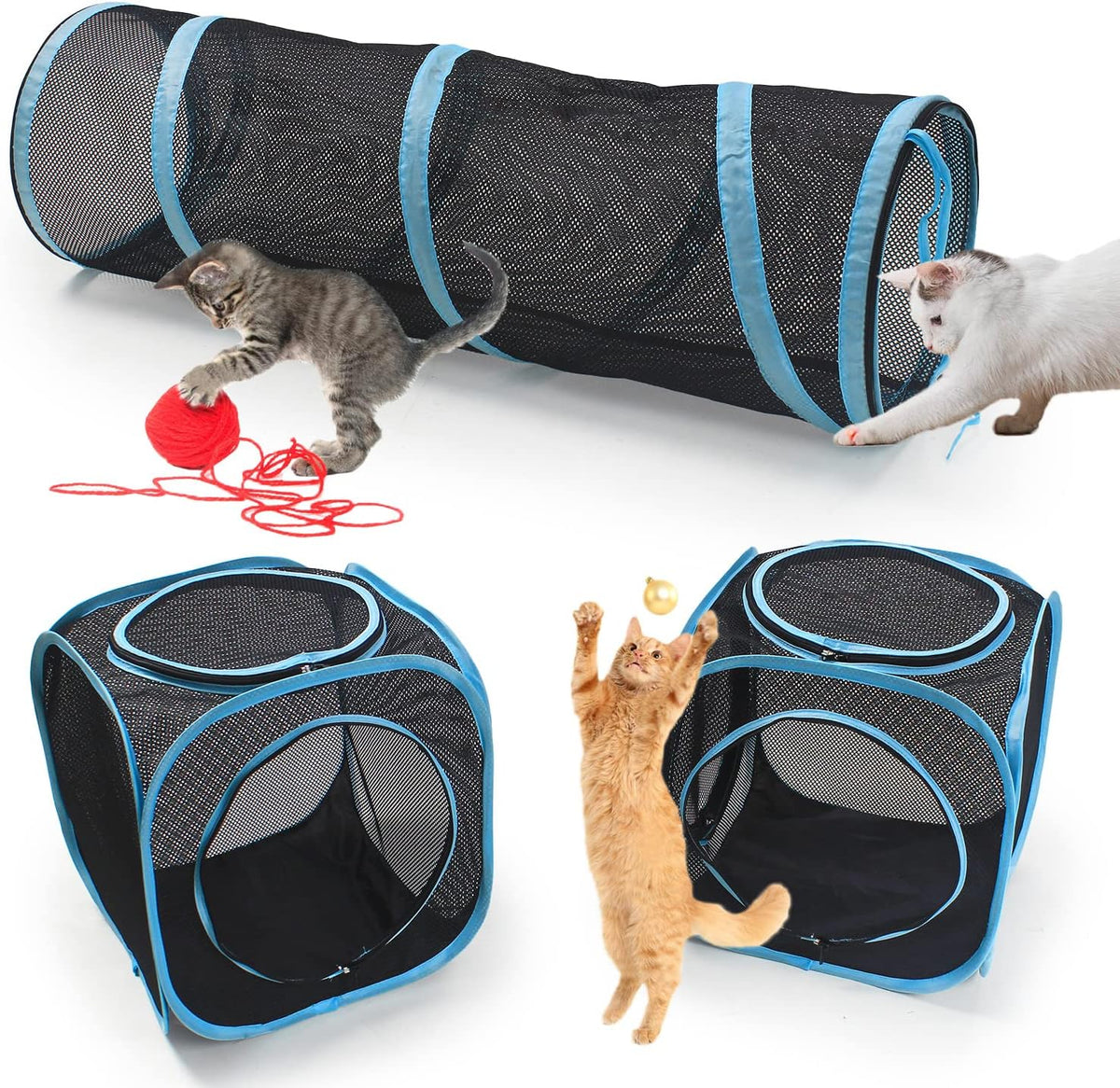 INTURN Cat Furniture Tent for Indoor and Outdoor Playpen Portable Cat Tunnels, Outdoor Kennel (2 Cube + Tunnel)