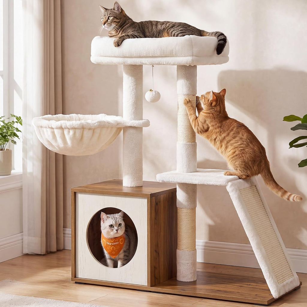 Feandrea Cat Tree, 3-Tier Cat Tower with Scratching Post and Wood Condo