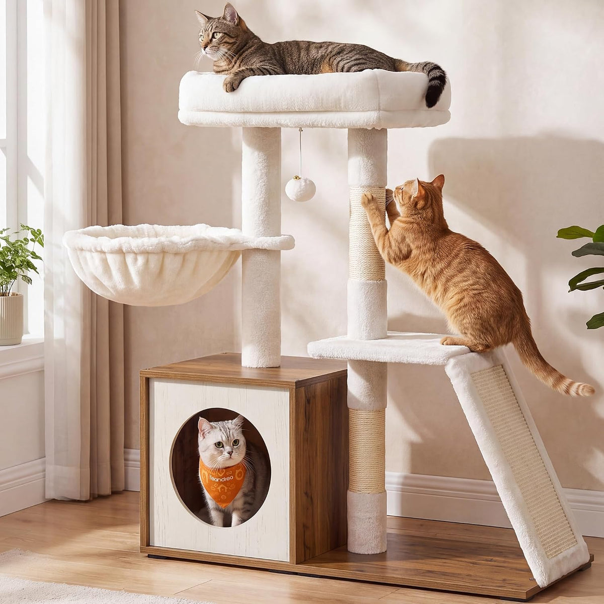 Feandrea Cat Tree, 3-Tier Cat Tower with Scratching Post and Wood Condo