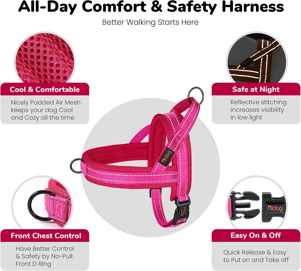 No Pull Dog Harness for Large Dogs, Breathable Mesh Padded,Hot Pink,L