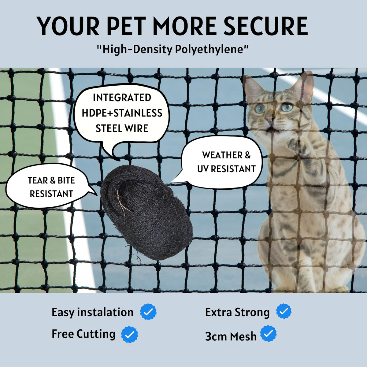 HOMYPOWER Cat Netting Balcony, 10x20 ft Stainless Steel Reinforced Bite Tear UV and Weather-Resistant Anti-Fall Netting for Pets, Safety Net for Cat, Small Catio for Apartment Balcony Protection