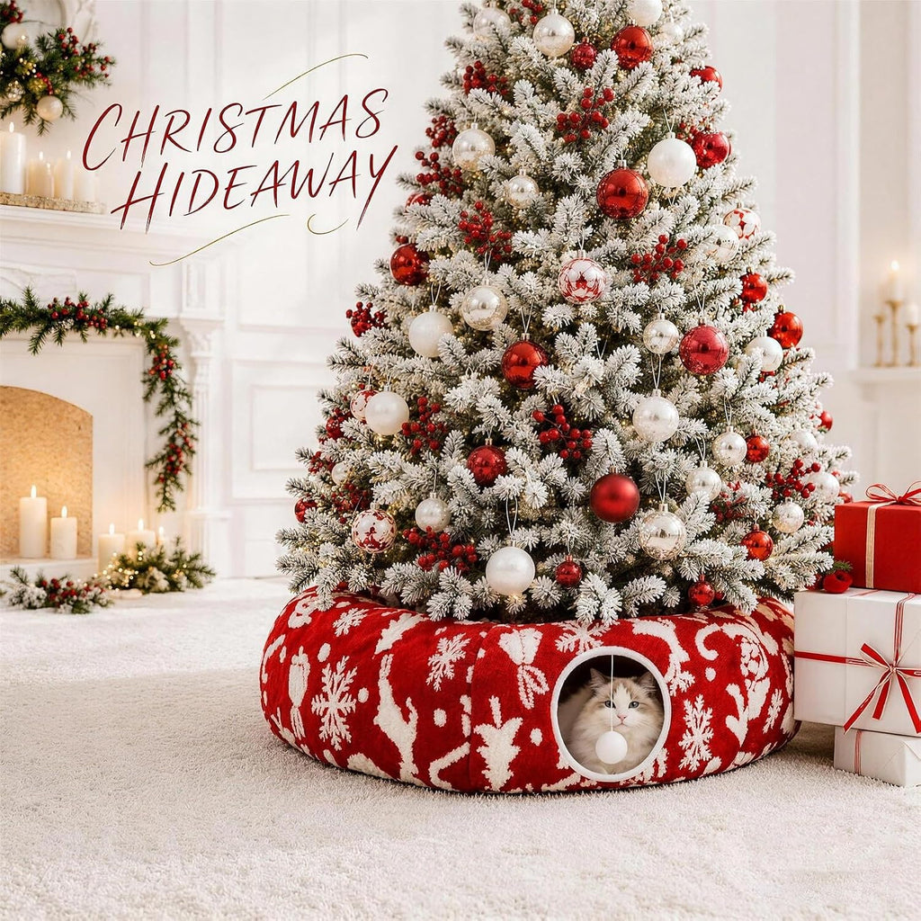 35.4" Christmas Cat Tunnel Bed, Plush Cat Cave & Tree Skirt