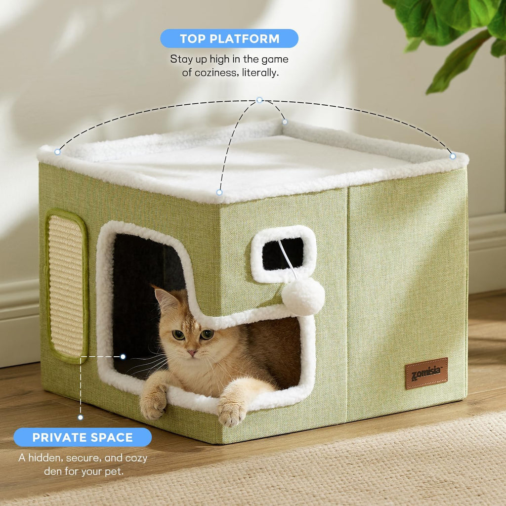 Heated Cat House Bed for Indoor Cats, Cat Hideway Cube for Sleeping