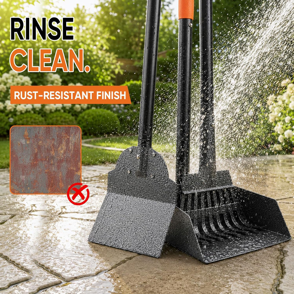 Pooper Scooper for Dogs, Stainless Steel Long Handle Rake Tray Spade Set