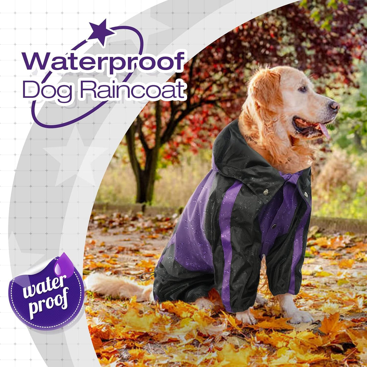 Dog Raincoat, 4 Leg Waterproof Dog Rain Jacket with Hood, Purple M