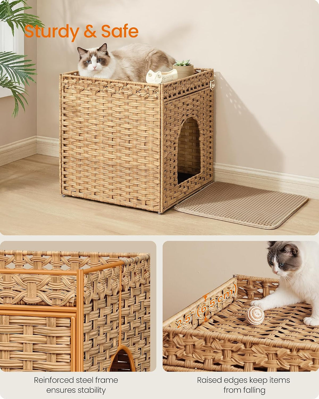 Feandrea Cat Litter Box Enclosure, Handwoven Rattan End Table, Extra Mat