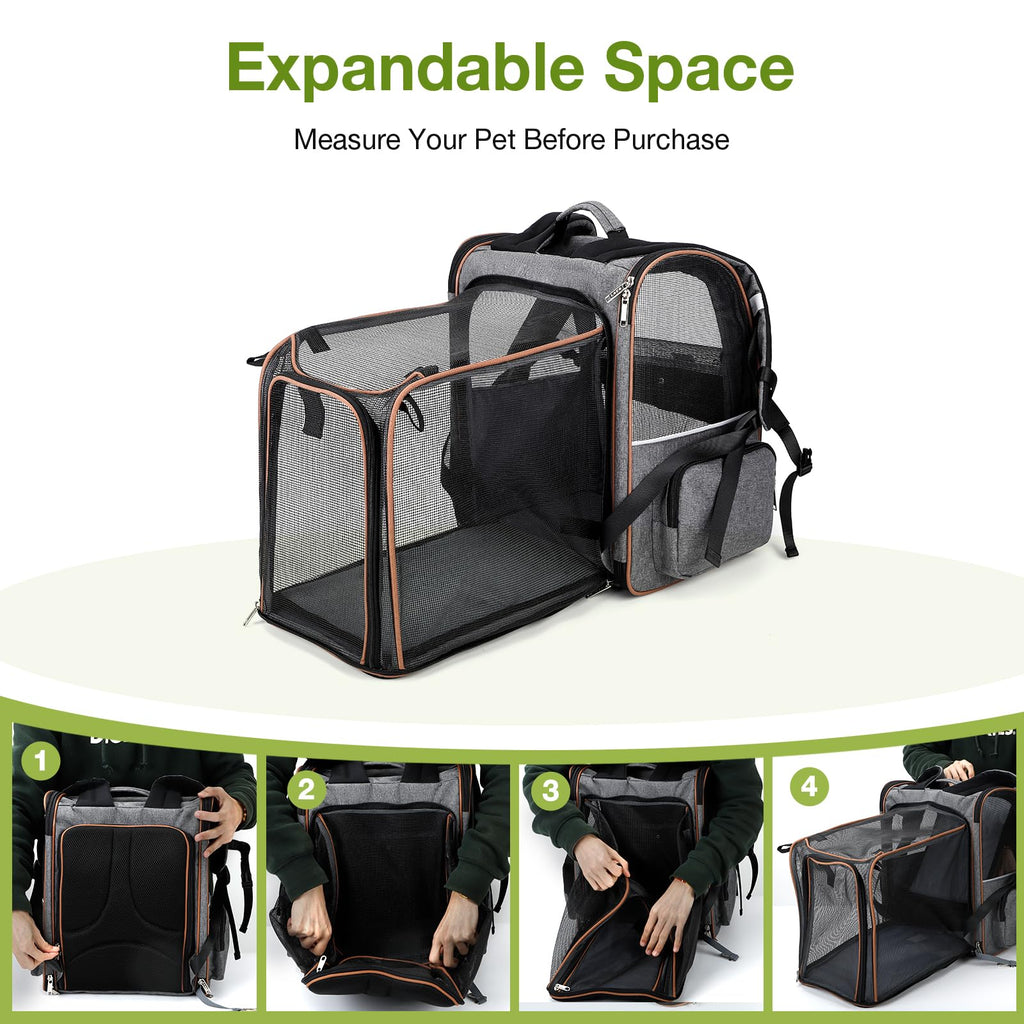 Lekebobor Cat Carrier Backpack, Expandable Pet Carrier with Sun Shade & Full Front Opening, Breathable Mesh Backpack for Small Dogs & Medium Cats Up to 18 Lbs, Foldable for Hiking, Camping (Grey)