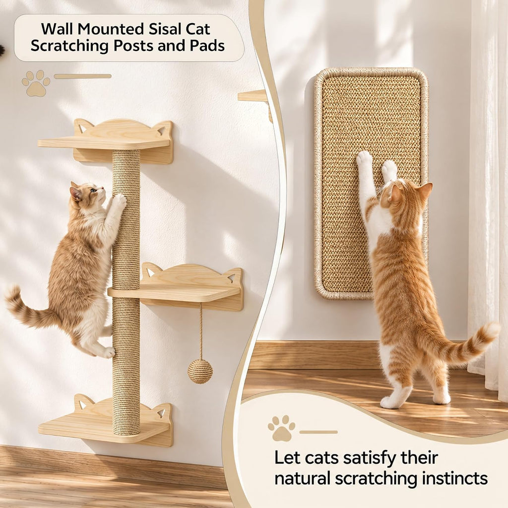 Wood Cat Wall Shelves, 11-in-1 Set, Wall Mounted Cat Shelf, Beige