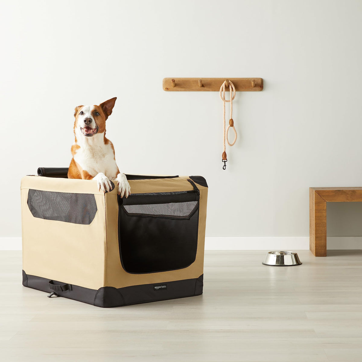 Amazon Basics Portable Folding Soft Dog Crate for Cat, Dog, Rabbit, Double Door with Mesh Ventilation, Collapsible, Easy to Set Up, Large 36" x 24" x 24", Tan
