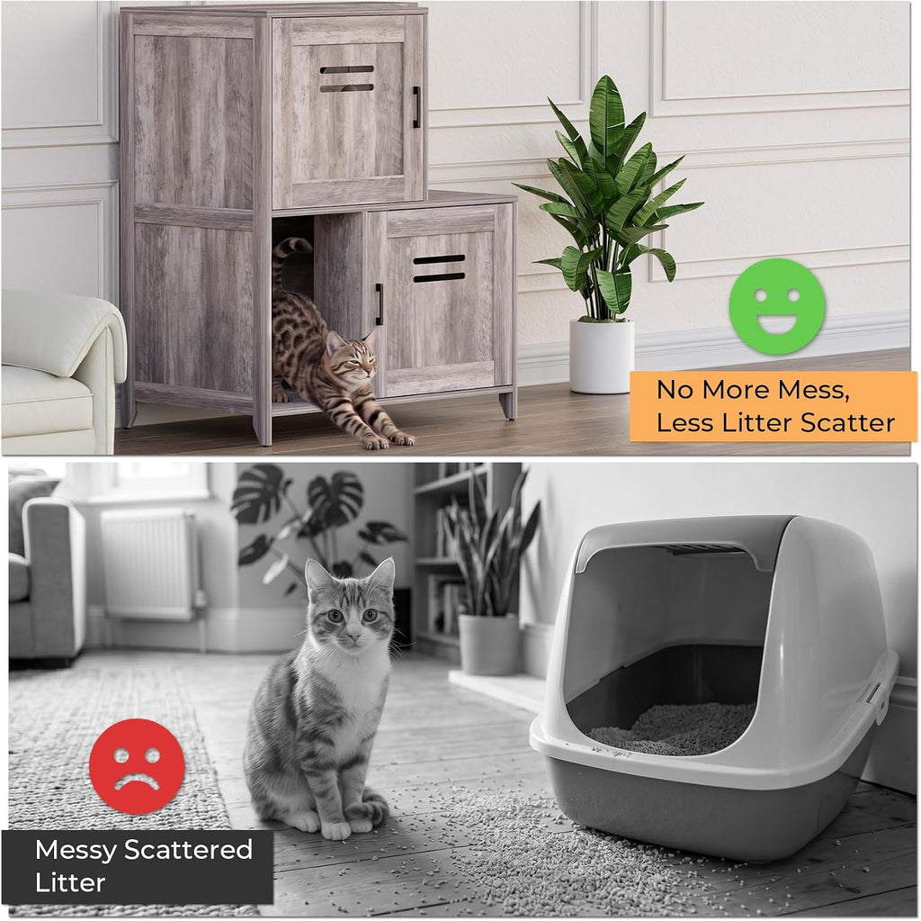 Wooden Cat Litter Box Enclosure Furniture, Double‑Tier Hidden Cat Litter Cabinet with Sisal Hanging Ball & Ventilation H