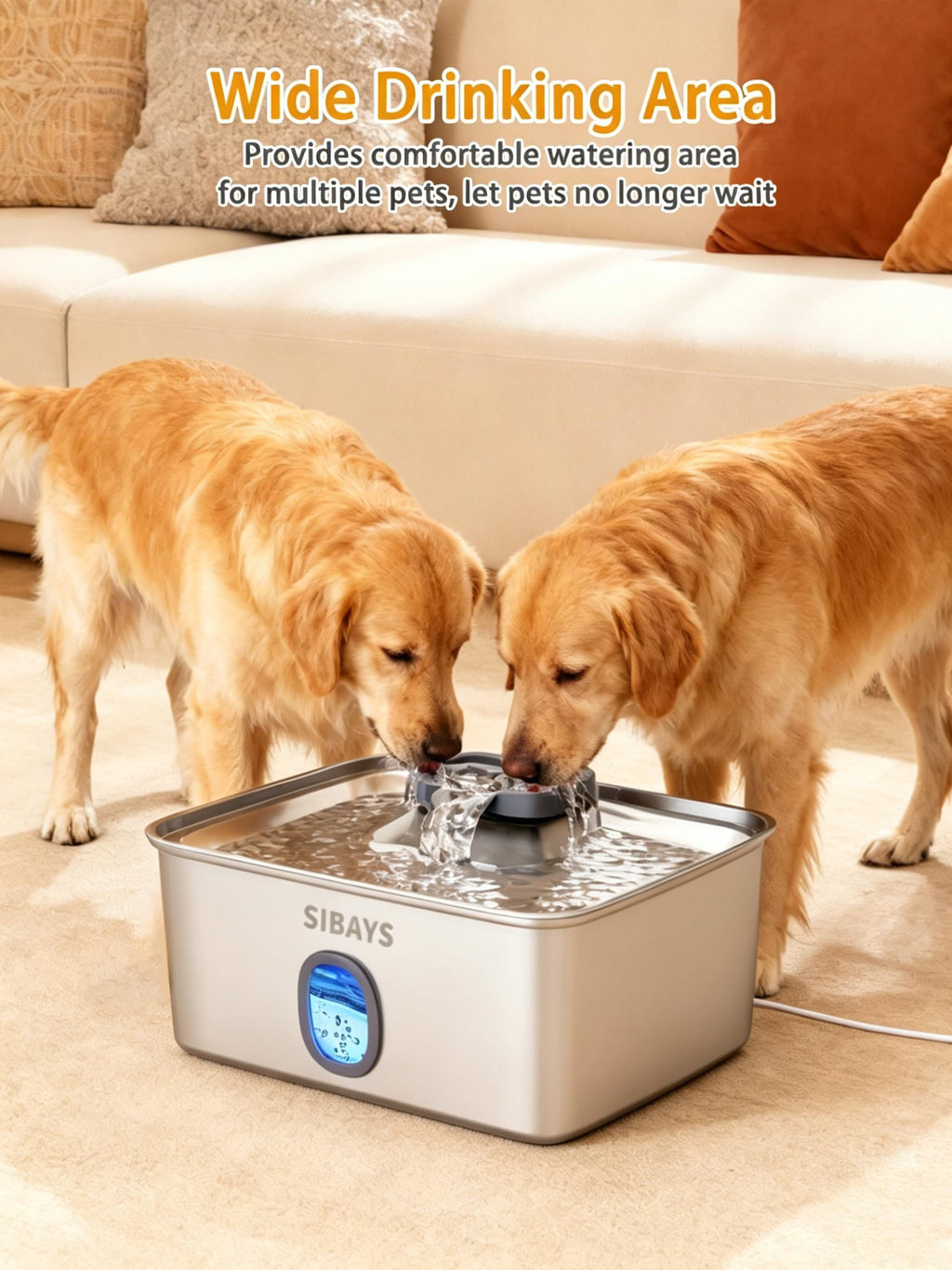 SIBAYS Large Dog Water Fountain, 4Gal/15L Large Capacity Stainless Steel Dog Water Bowl Dispenser for Large Dogs & Multi-Pet, Ultra Quiet Automatic Pet Water Fountain with Water Window& LED Light FS76