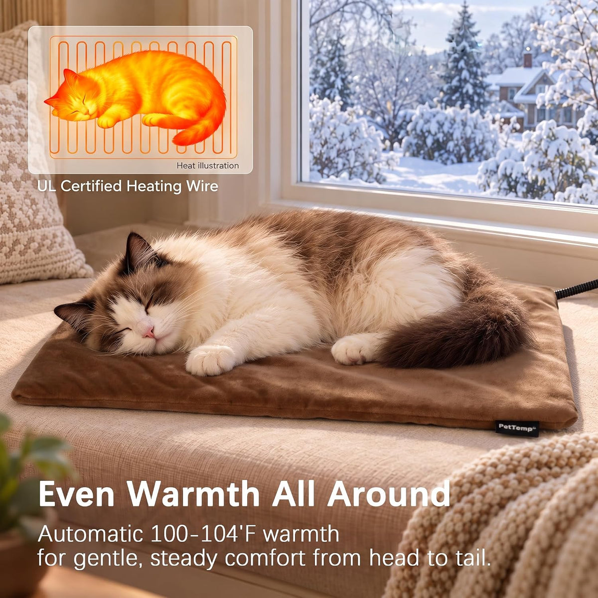 Cat Heating Pad, Heated Cat Bed, MET Safety Listed, Constant Warmth, Brown