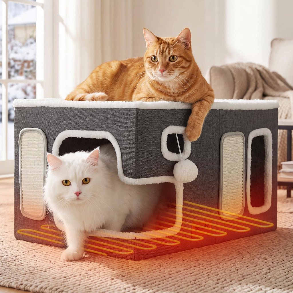 Heated Cat House Bed for Indoor Cats, Cat Hideway Cube for Sleeping