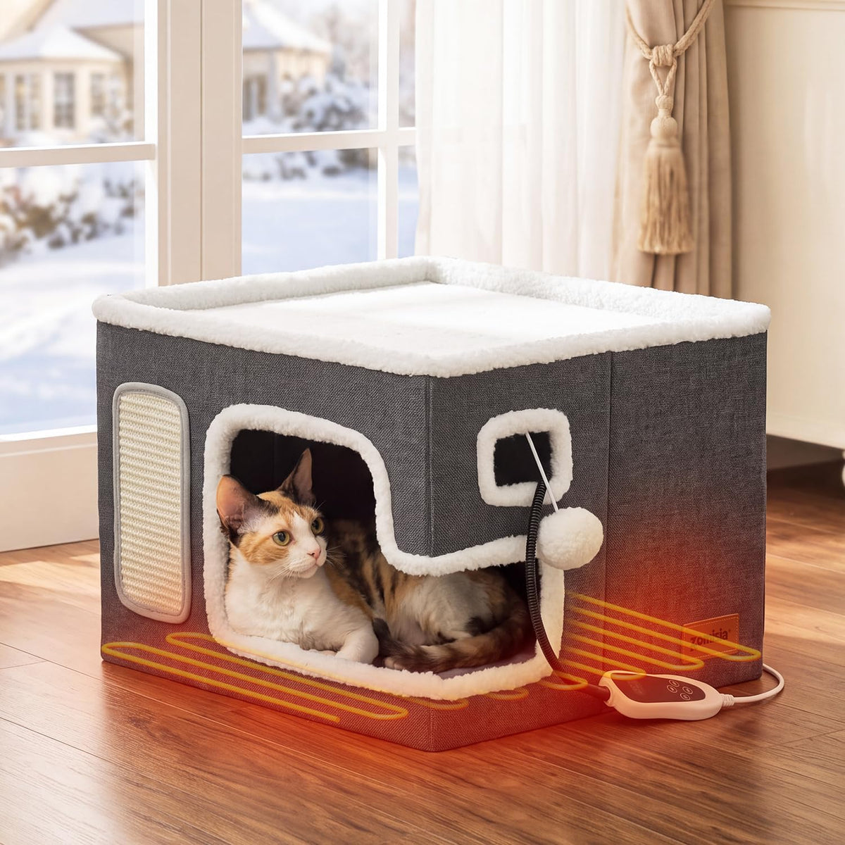 Heated Cat House Bed for Indoor Cats, Cat Hideway Cube for Sleeping