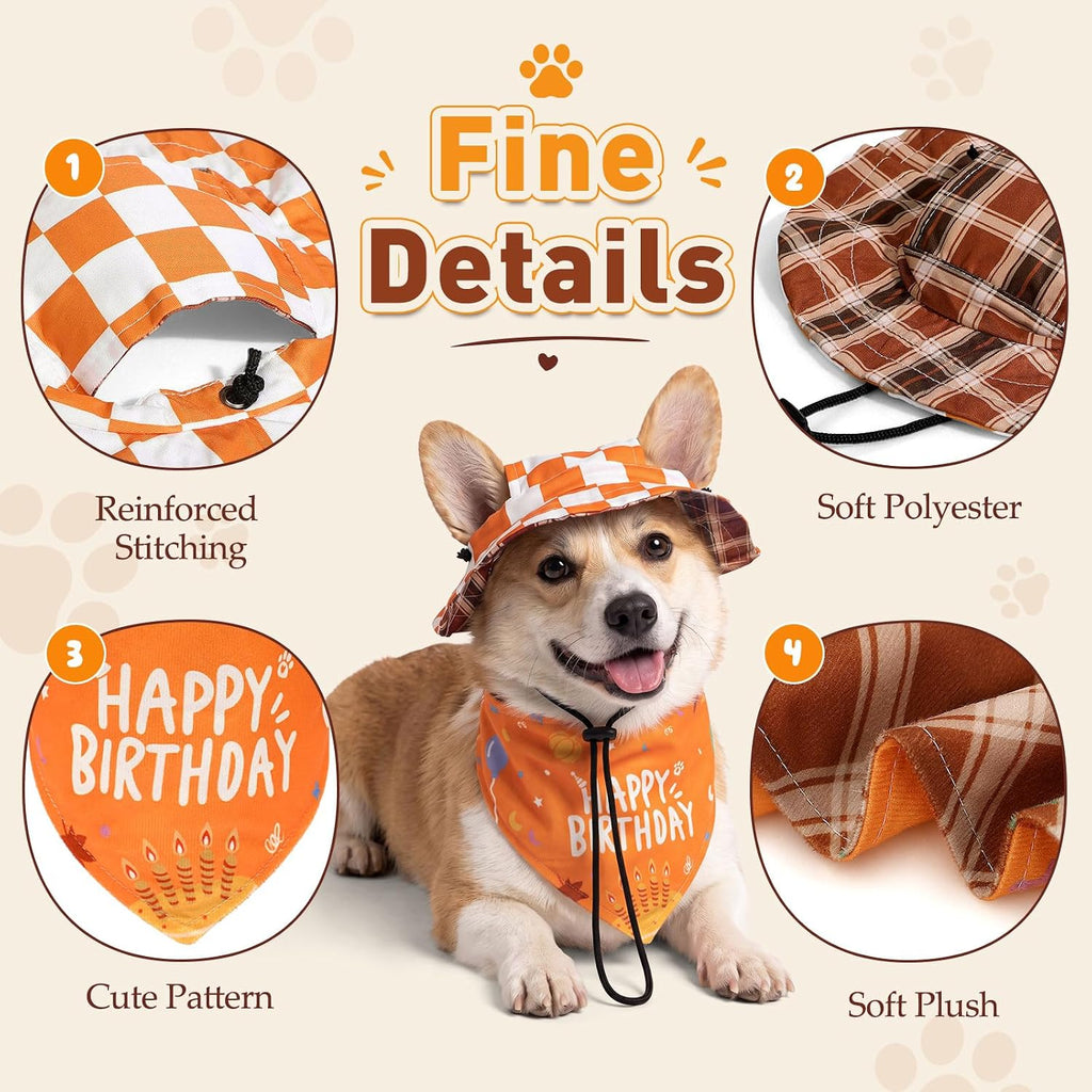 Fall Dog Bucket Hat with Ear Holes, Dog Birthday Bandana & Hat Gift Set