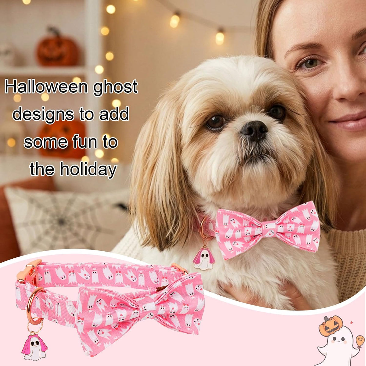 Pink Halloween Dog Collar Girl, Ghost Bow Dog Bow Tie Collar L