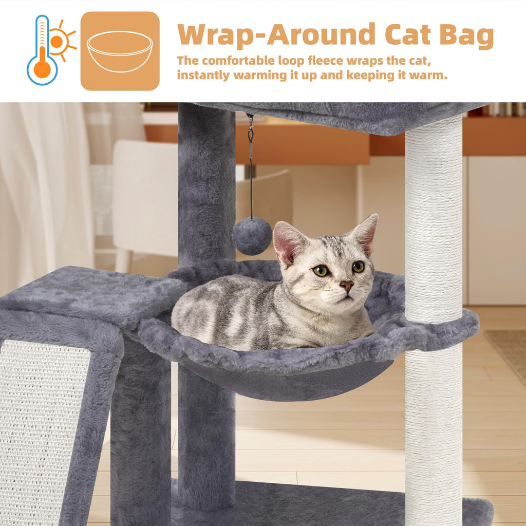 YOUPET Cat Tree with Cat Scratching Post for Indoor Cats, Cat Tower with Scratching Board and Playful Toy Balls, Cat Tree Tower with Cozy Hammock,Grey