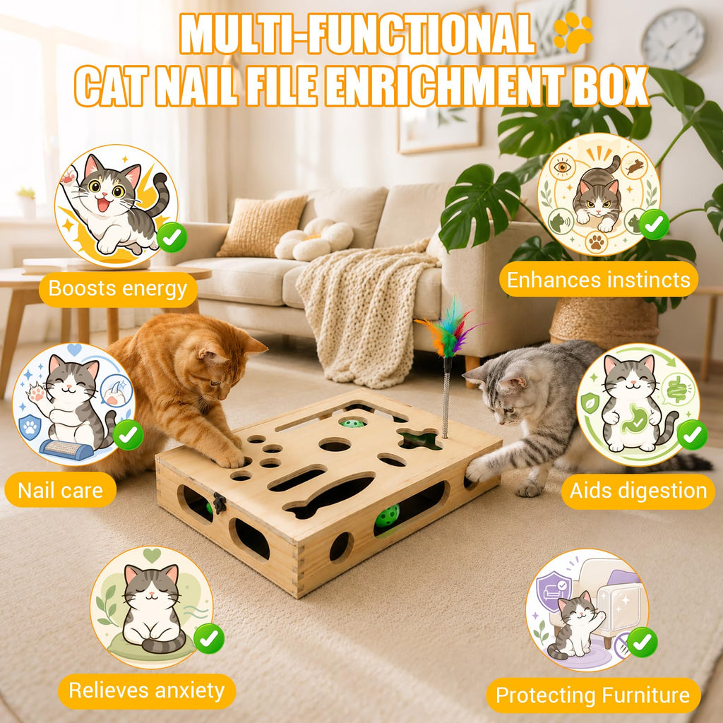 Large Cat Nail File Box, Sturdy Wood Cat Scratch Puzzle Enrichment Box Toy
