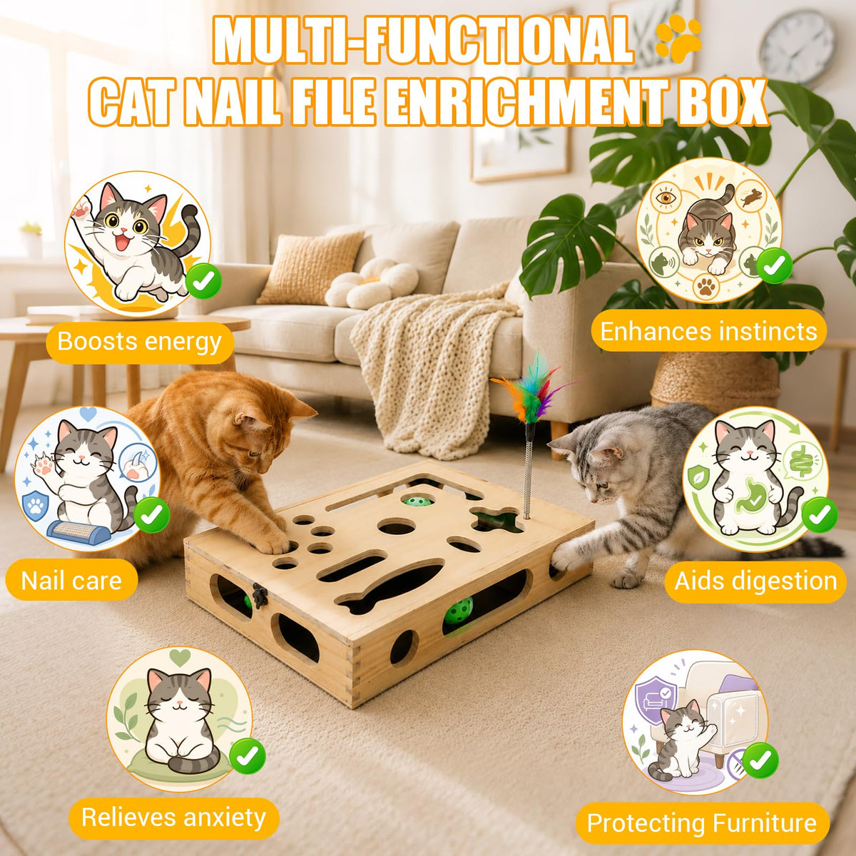 Large Cat Nail File Box, Sturdy Wood Cat Scratch Puzzle Enrichment Box Toy