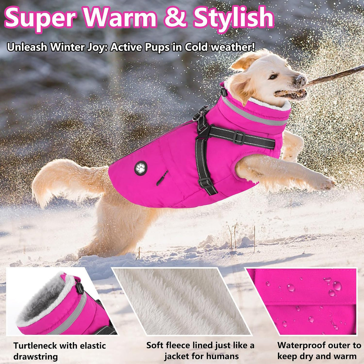 Dogcheer Dog Coat with Harness and Zipper, Waterproof Dog Fleece Jacket