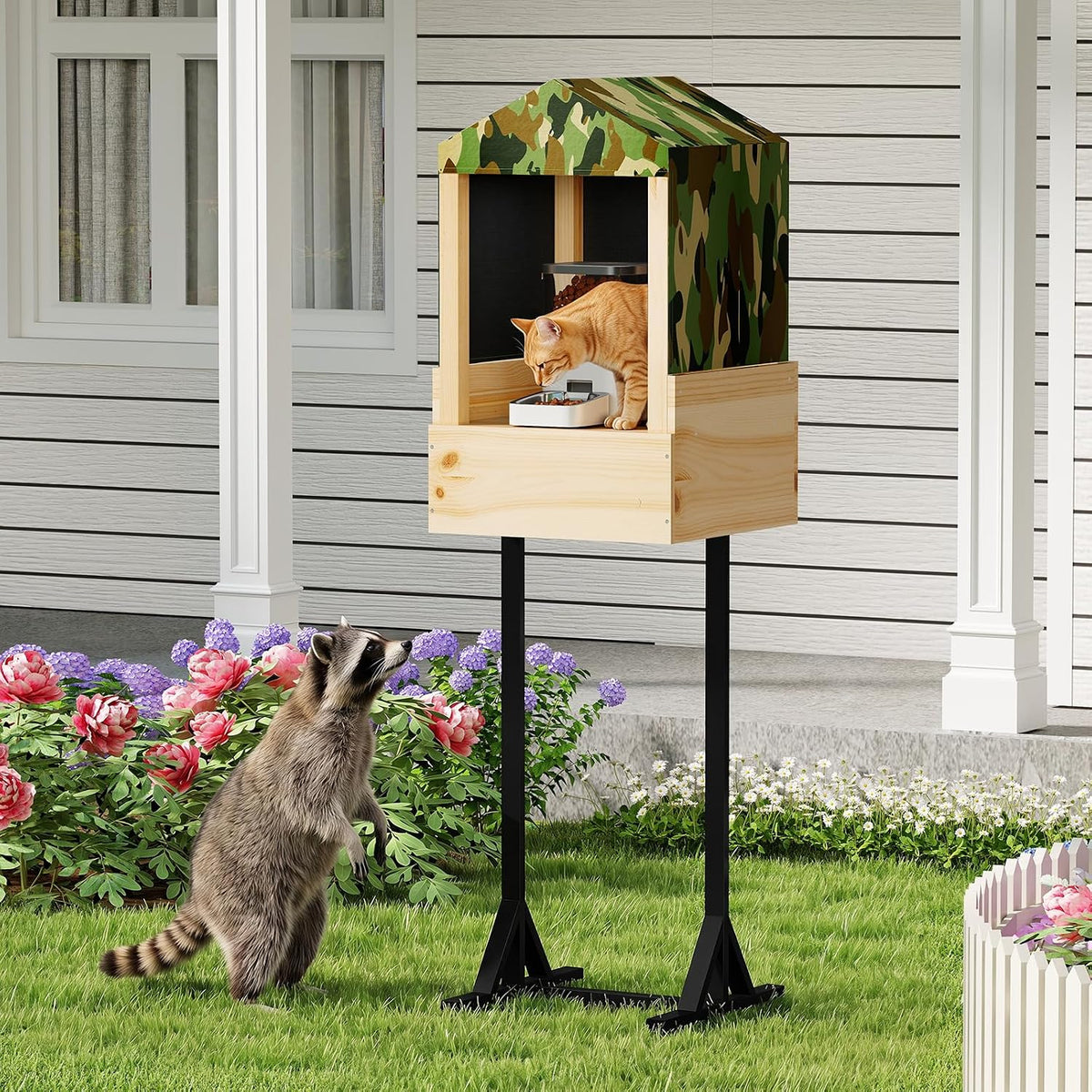 Outdoor Cat Feeding Station, Raccoon Proof Elevated Stand, Waterproof