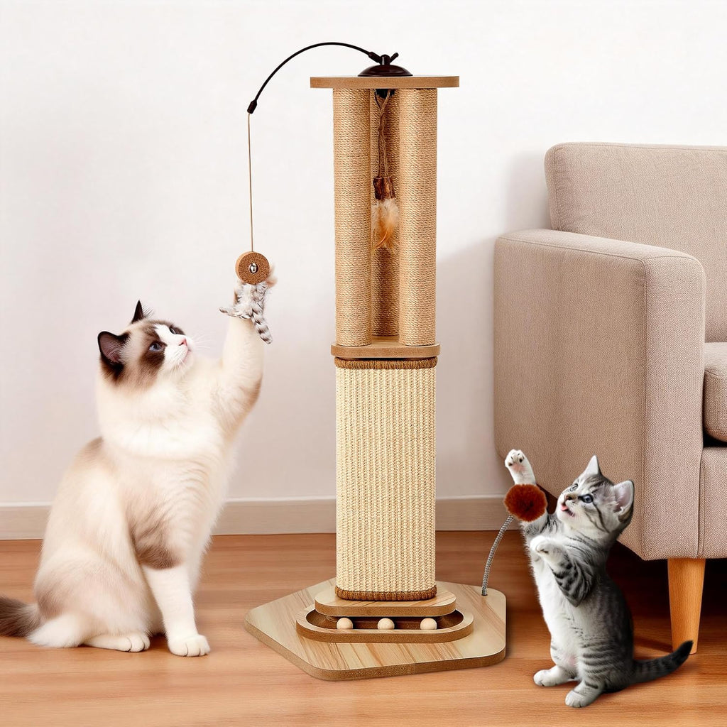 Odoland 34 Inch Cat Scratching Post for Multi Cats with 4 Interactive Toys