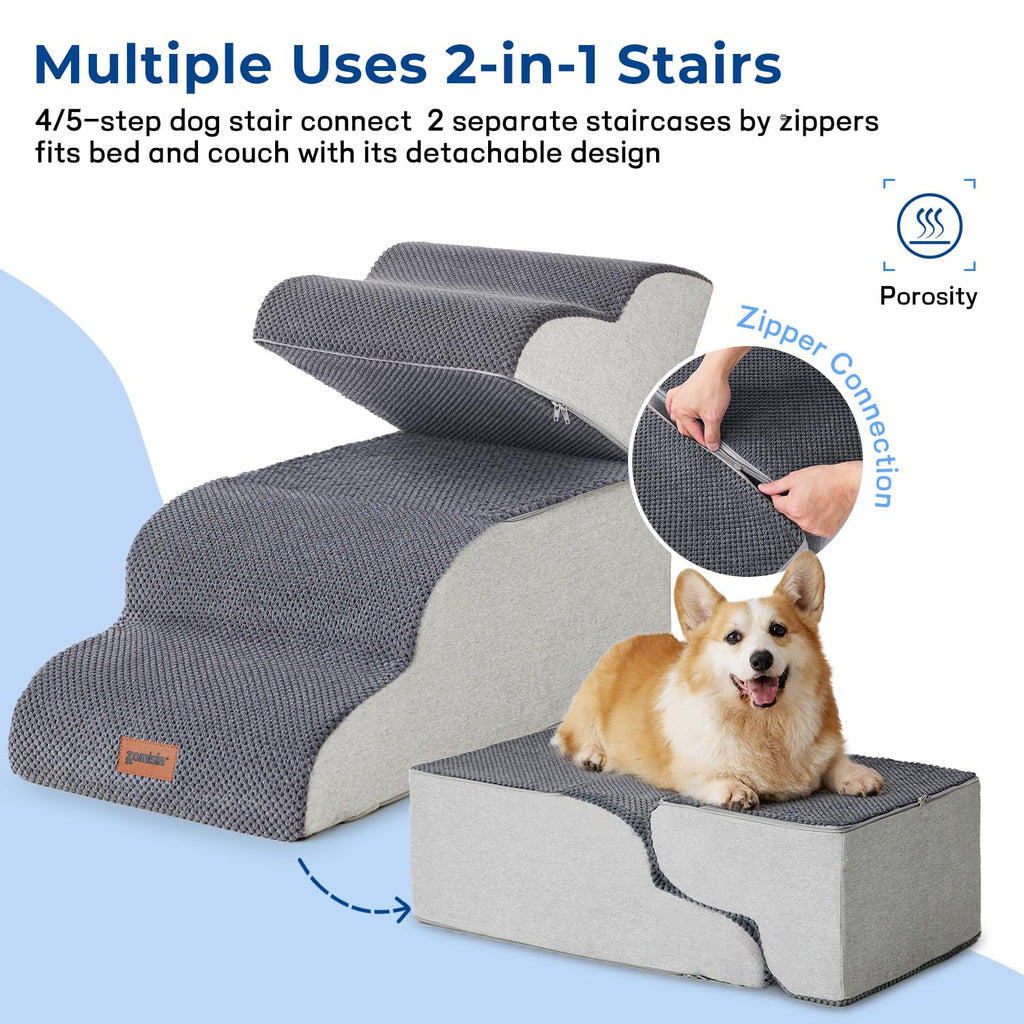 ZOMISIA Dog Stairs Ramp for High Beds Up to 25", 5 Step Pet Stairs Grey