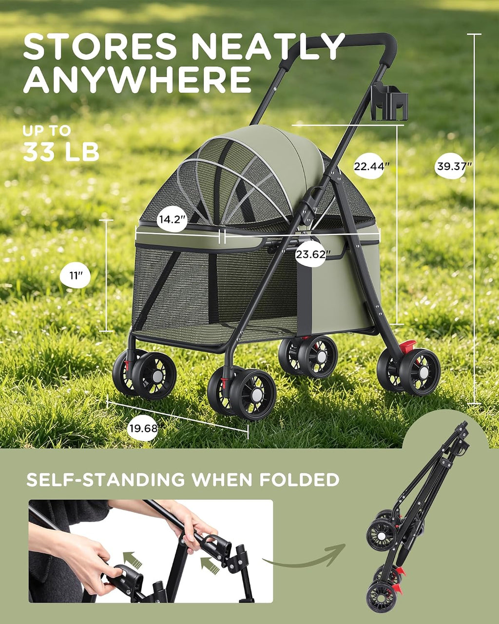 GTPLAYER Foldable Pet Stroller for Small Dogs and Cats, Holds Up to 33 lb, 4-Wheel Stroller, Full Mesh Ultra Breathable,