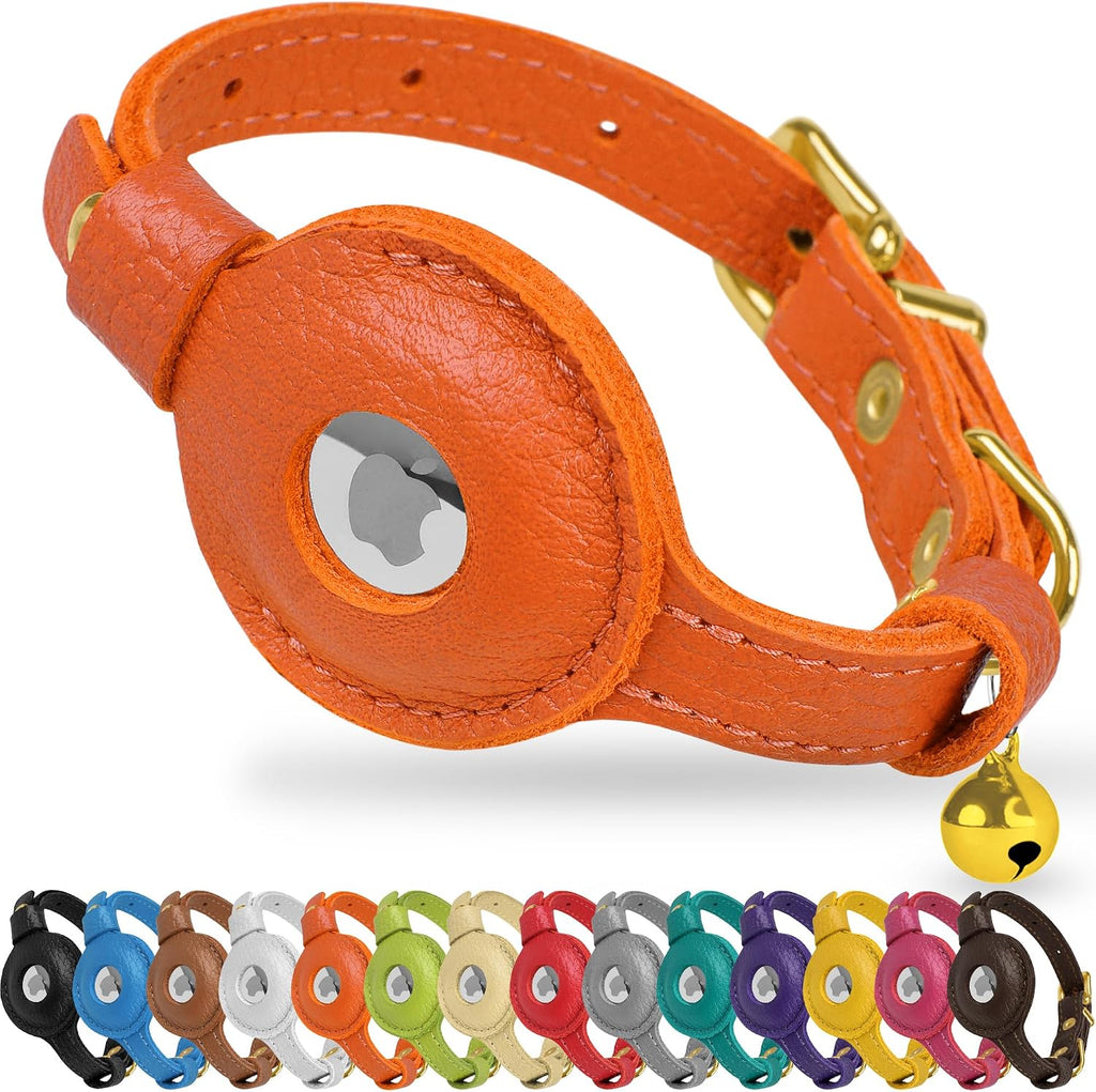 OOPSDOGGY Leather AirTag Cat Collar with Bell - Non Breakaway Kitten Collar with Apple Air Tag Holder - Lightweight GPS 