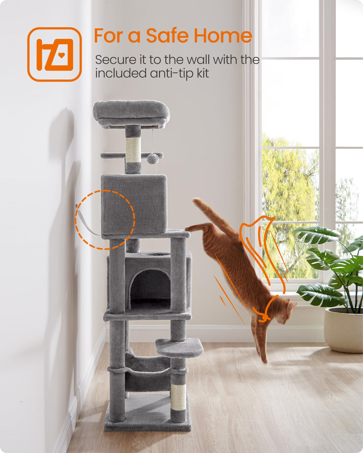 Feandrea Cat Tree, 59.5-Inch Tall Cat Tower, Multi-Level Condo, Light Gray