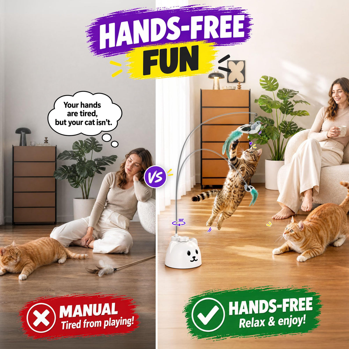 Interactive Cat Toys for Indoor Cats, 360° Automatic Spin Flying Bird Wand