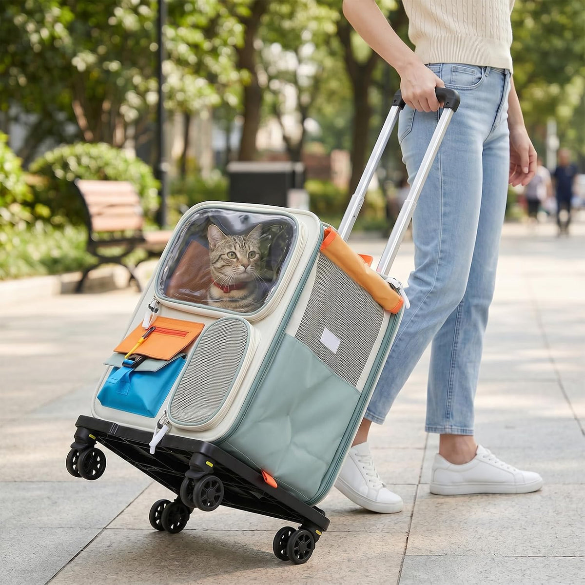 Cat Carrier with Wheels,Foldable Rolling Pets Carrier