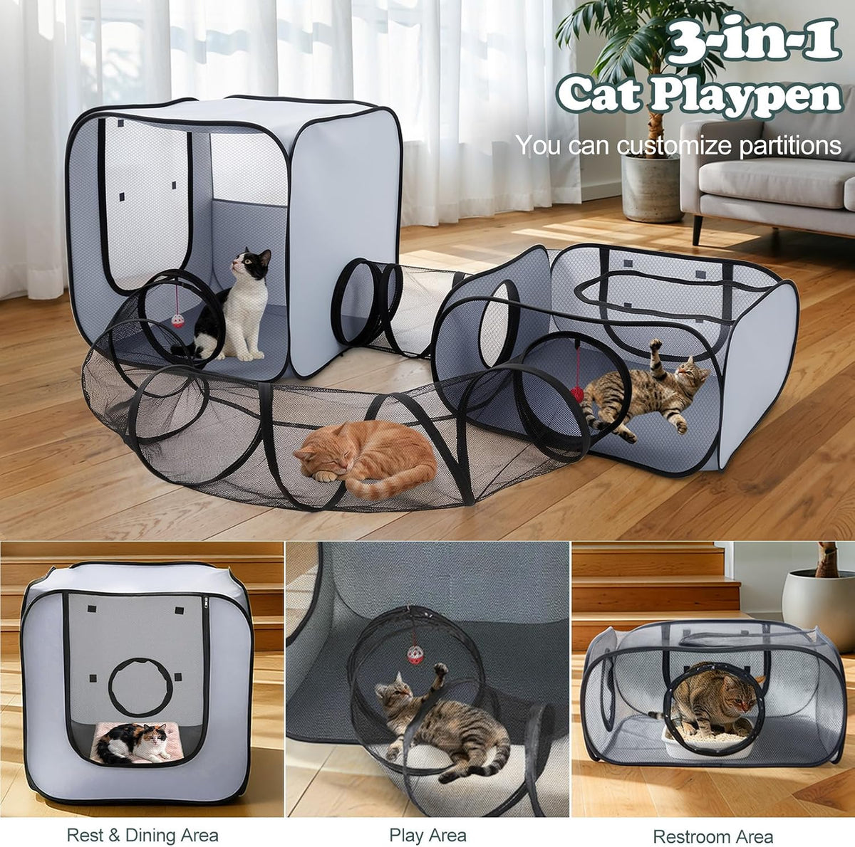 Cat Playpen, 4-in-1 Pop-up Outdoor Cat Enclosure, Grey