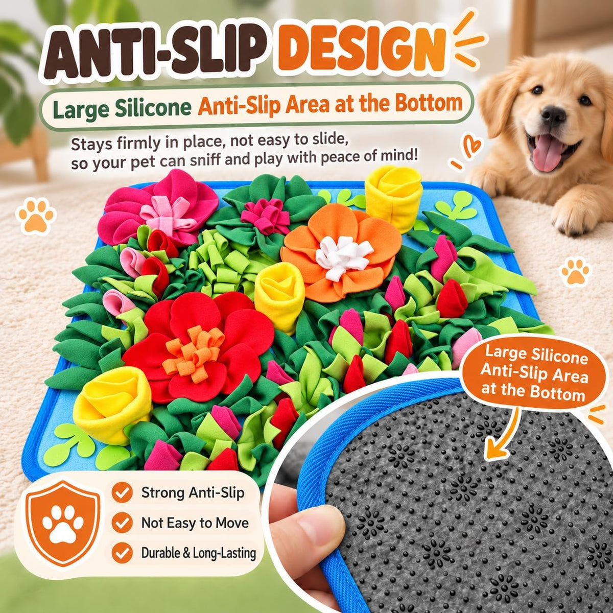 Dog Snuffle Mat, Slow Feeder & Foraging Puzzle Toy, 19.7in, Colorful