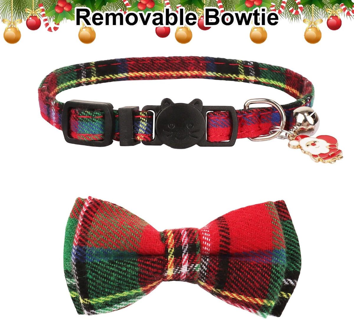 Christmas Cat Collar Breakaway, Plaid Xmas Cat Bow Tie Collar