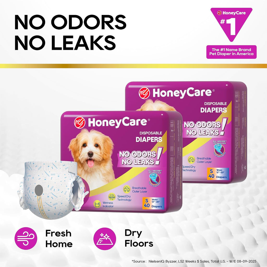 HONEY CARE All-Absorb Disposable Female Dog Diapers Small Size, Improved, 40 Count, Super Absorbent, Breathable, Wetness