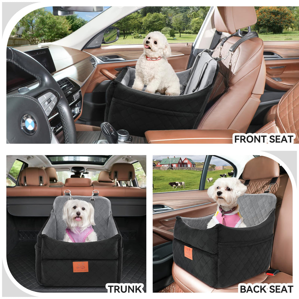 GL GLENSLAVE Dog Car Seat for Small/Medium Dogs, Dog Booster Car Seats with Thick Cushion for Dogs Under 35lbs, Detachable Washable Pet Carseat with Storage Pockets, 2 Safety Belts(Black/Grey)