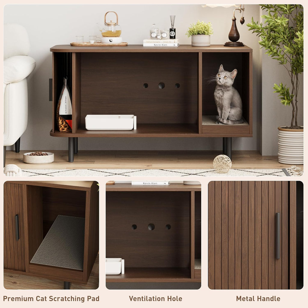 37.4" Cat Litter Box Enclosure with Scratch Pad, Sliding Door
