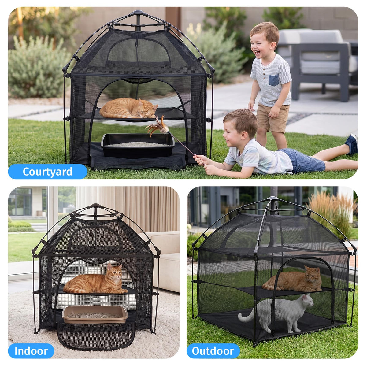 Catio Outdoor Cat Enclosure Pop up Cat Tower Tent(Square, L)