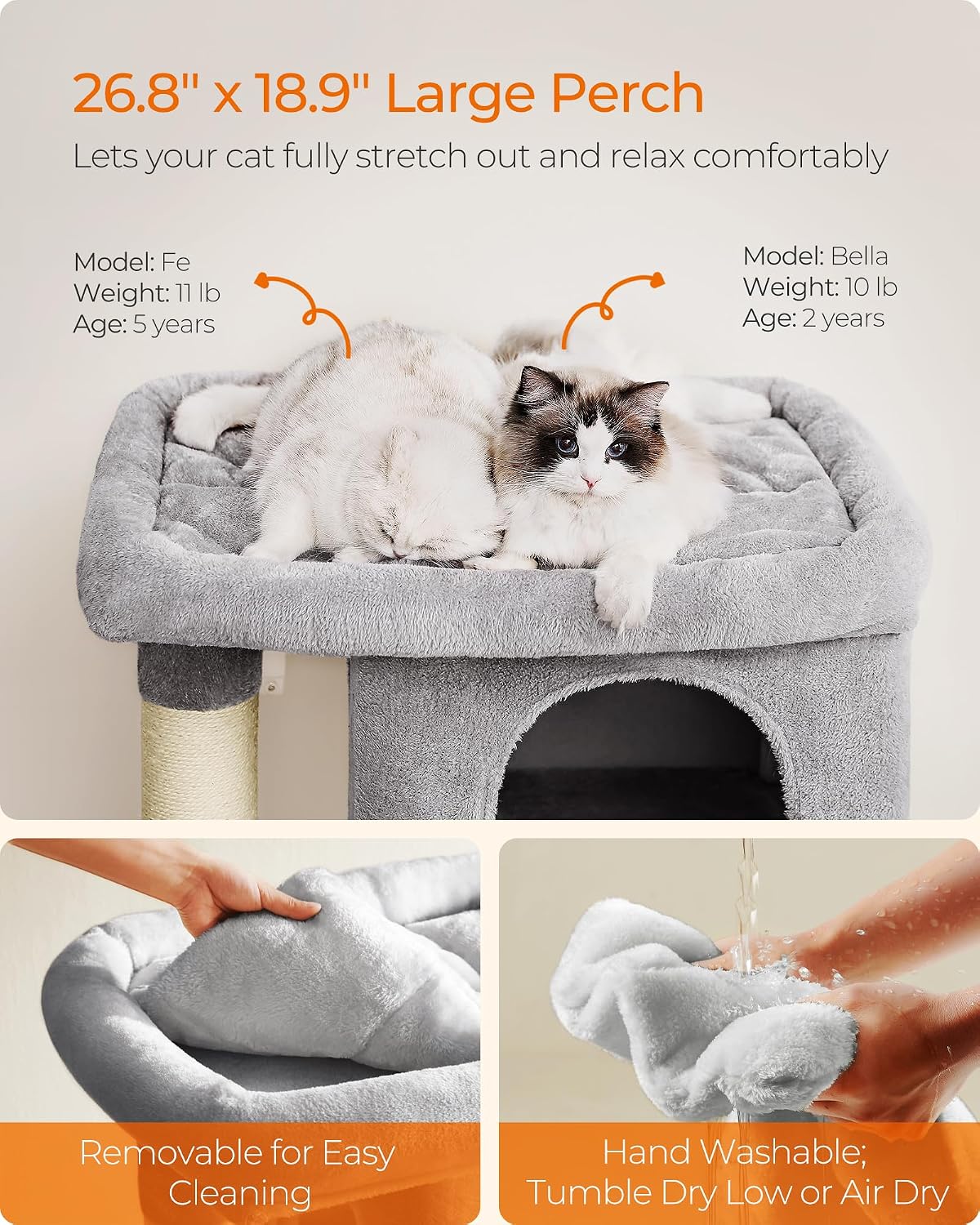 Feandrea Cat Tree, 40.6-Inch Tall Cat Tower, Cute Plush Condo, Light Gray