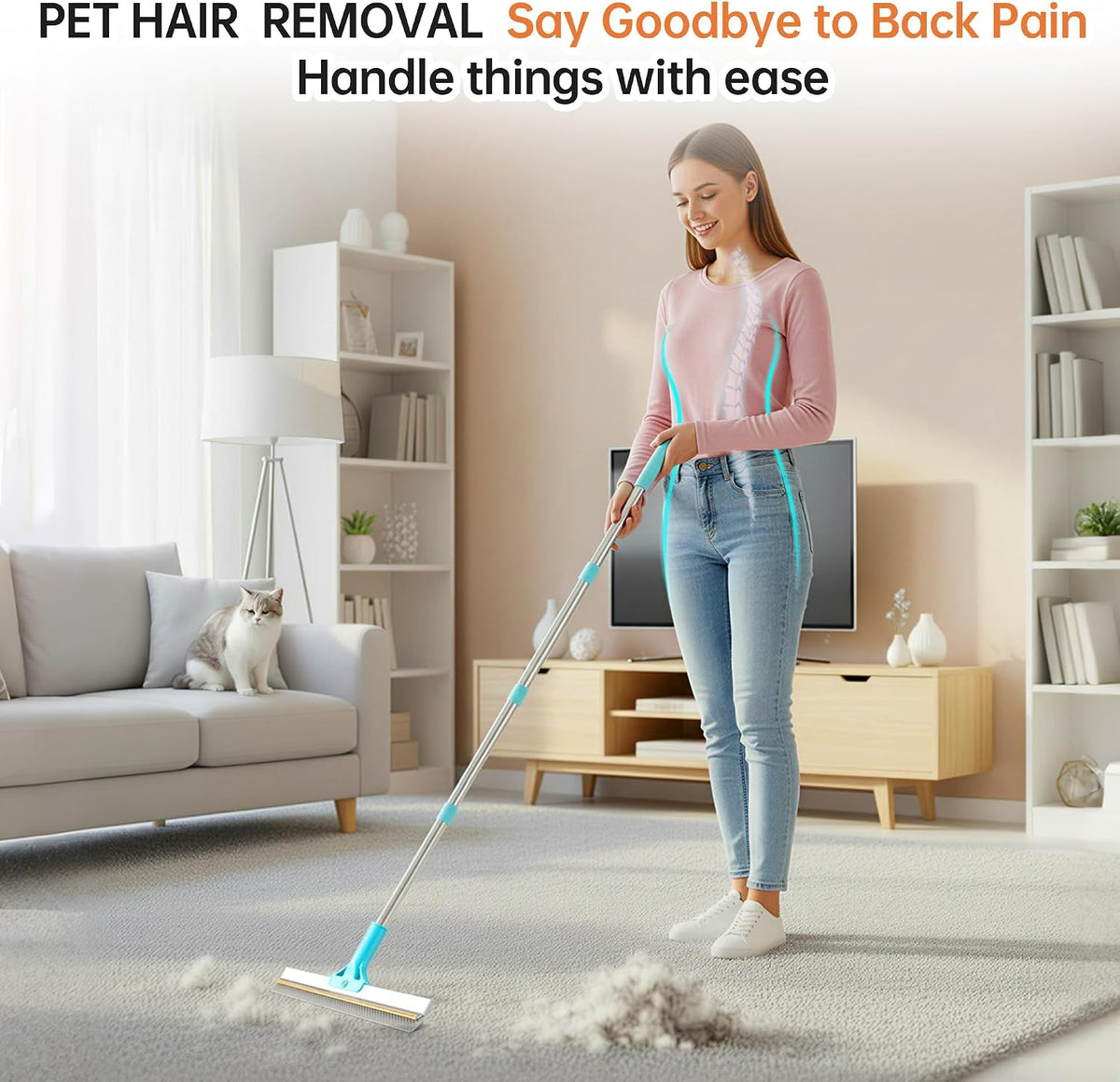 Carpet Rake for Pet Hair Removal Tool, 2 in 1 TPU and Copper Rake Teeth Uproot Clean Hair Remover with 63’’ Adjustable L