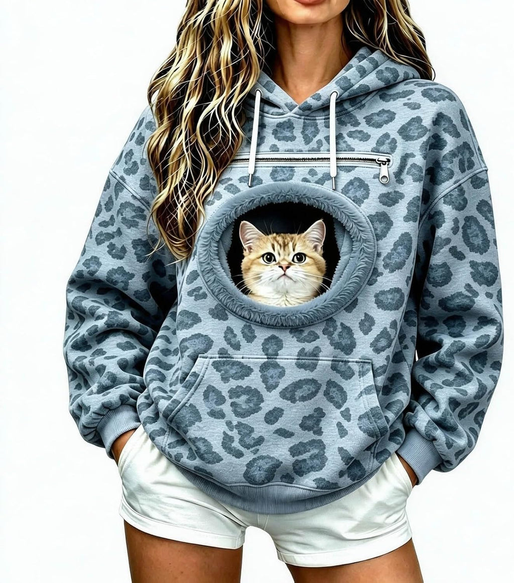 Womens Leopard Print Hoodie - Pet Pouch, Cat Dog Carrier, Kangaroo Pocket