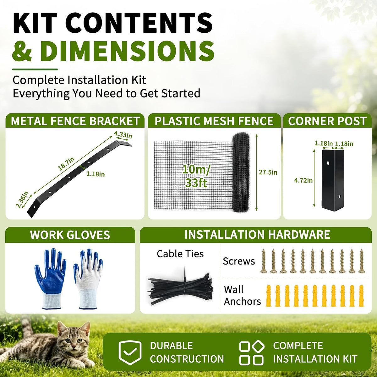 Cat Fence Outdoor Barrier 33FT with 8 Kits,Cat-Proof Fence Topper System