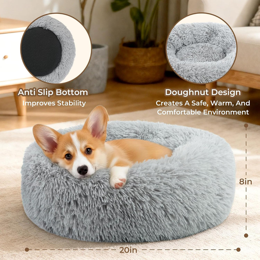 Calming Donut Dog and Cat Bed for Indoor Cats, Anti-Anxiety Round Fluffy Soft Washable Small Pet Bed for Puppy and Kitte