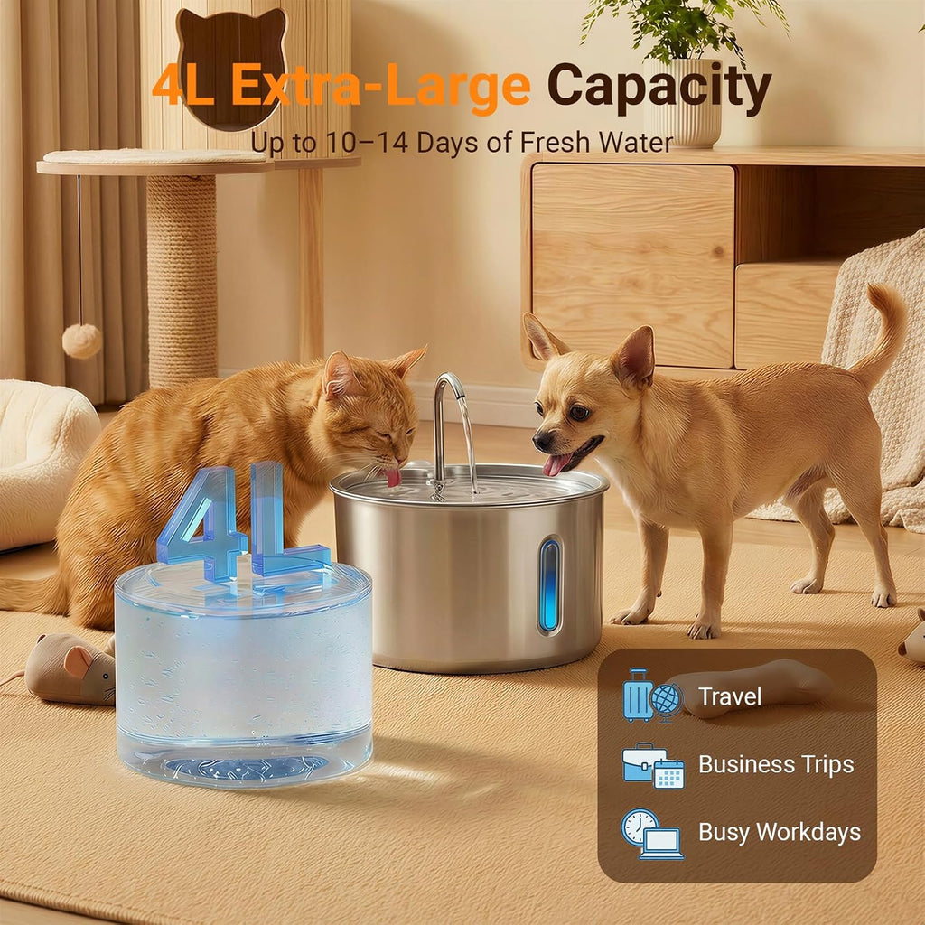 4L Dog & Cat Water Fountain, USB Powered, Stainless Steel Tray