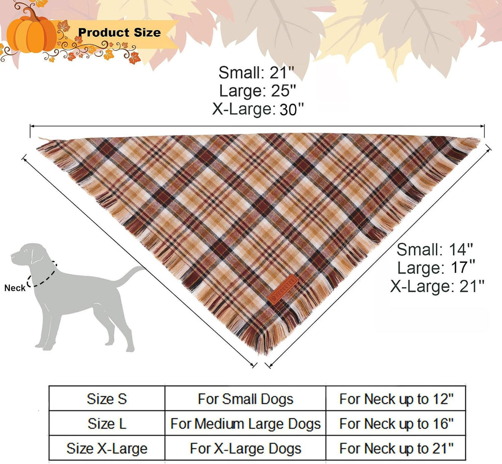 Brown Plaid Fall Dog Bandana, Fringed Thanksgiving Dog Scarf, L