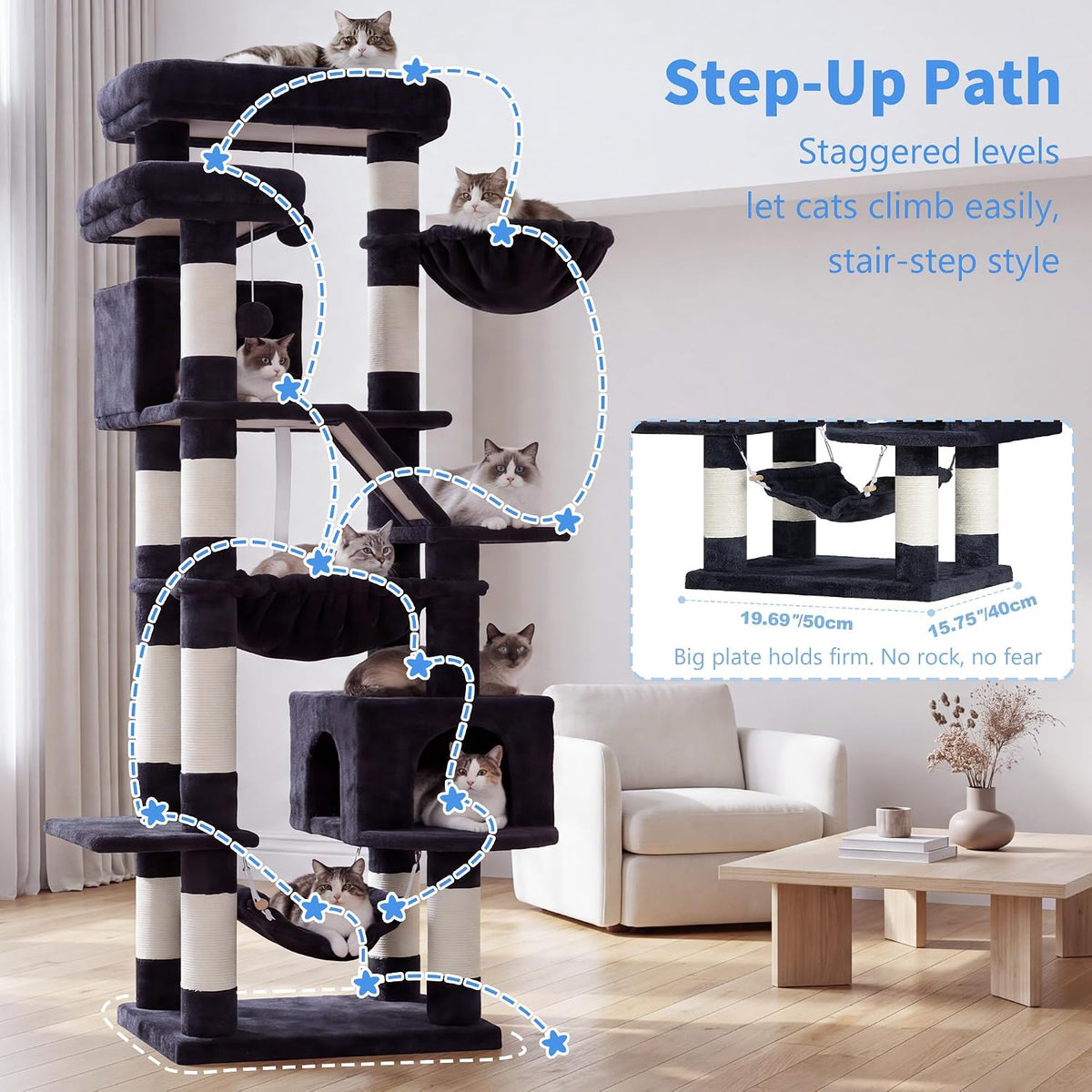 Heybly Cat Tree, 71-Inch-Tall Tower for Indoor Cats with 2 Perches HCT034G